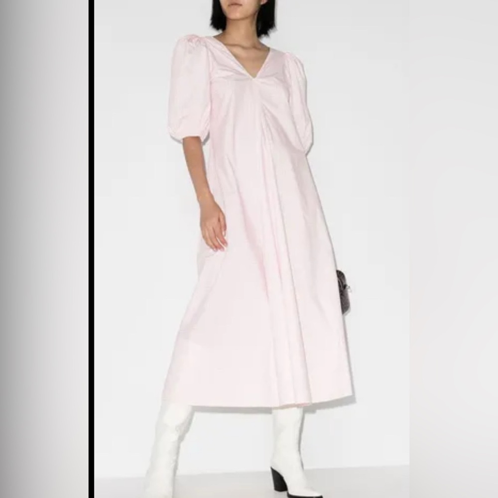 Ganni Pink Puff Sleeve Midi Dress
